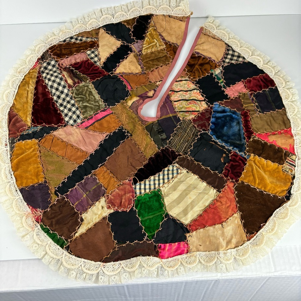 Antique hand-stitched crazy quilt small Christmas Tree Skirt-Farmhouse/Prim